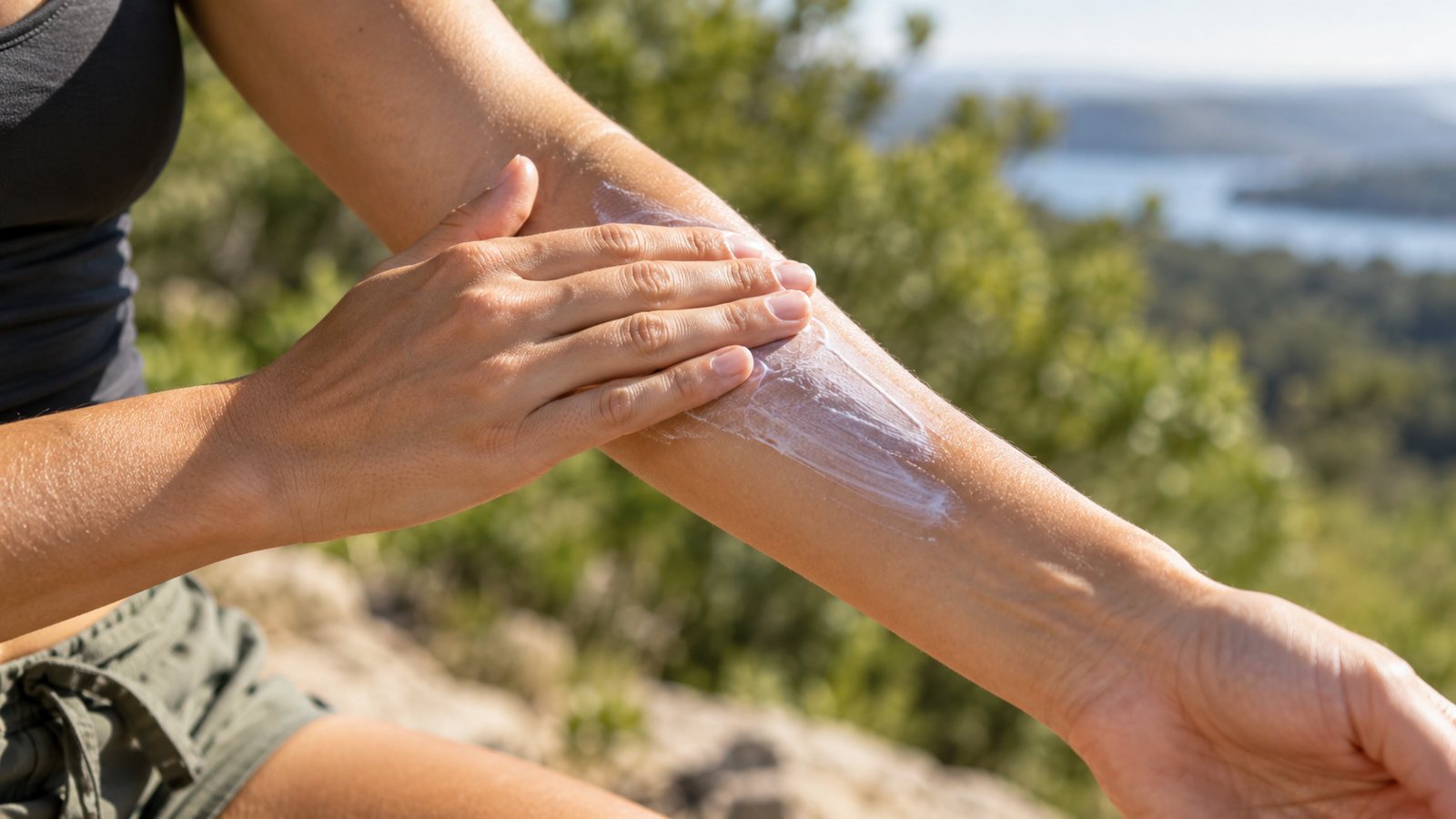 Applying sunscreen to an arm outdoors (illustrative)