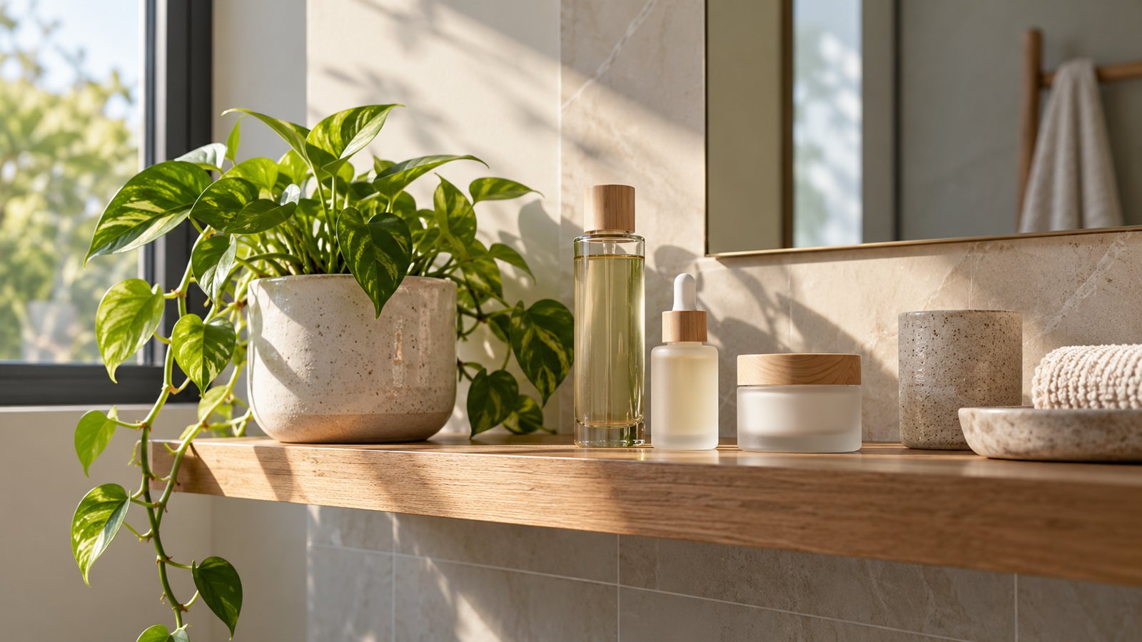 Skincare bottles on a bathroom shelf (illustrative)